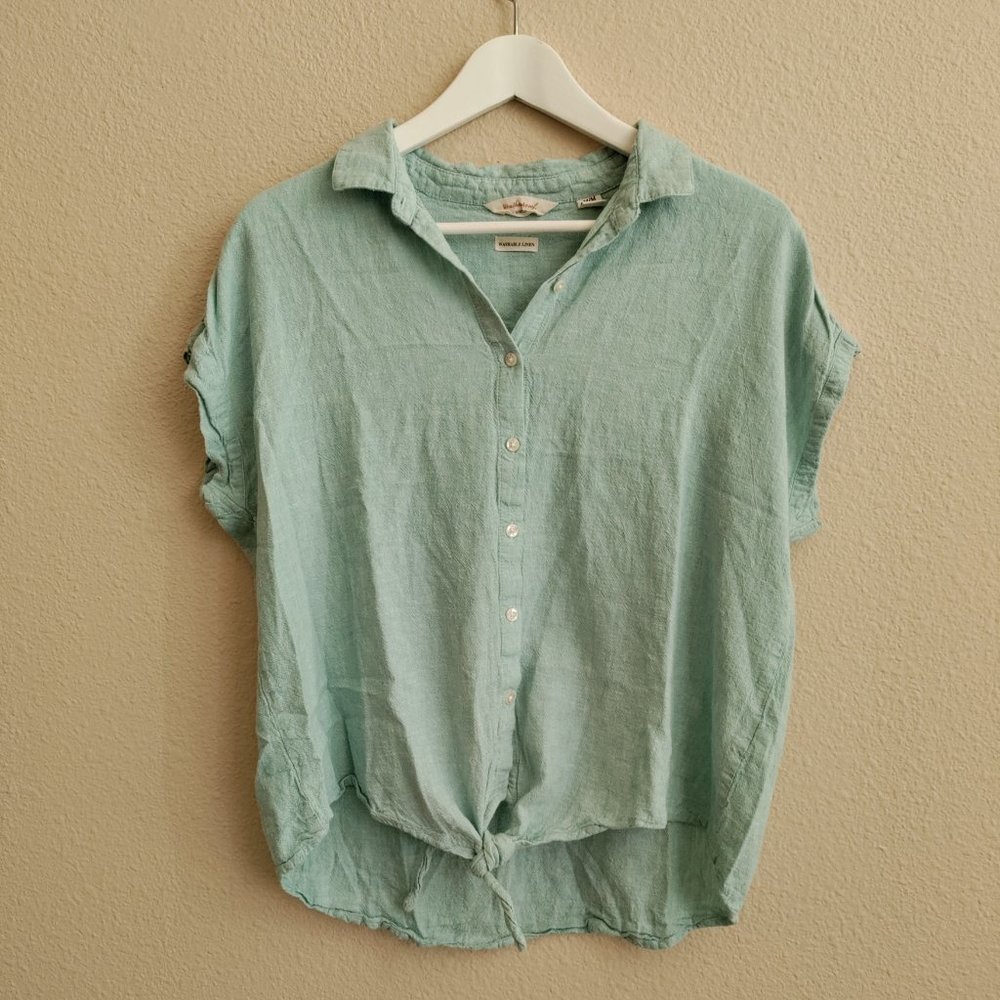 Weatherproof Vintage Women's Linen Shirt Short Sleeve Tie Top Size M Aqua
